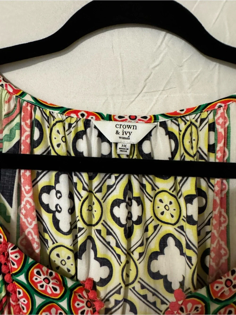 Women's Multi-Color Printed Preppy  Peasant Top Pinky yellow green 3X